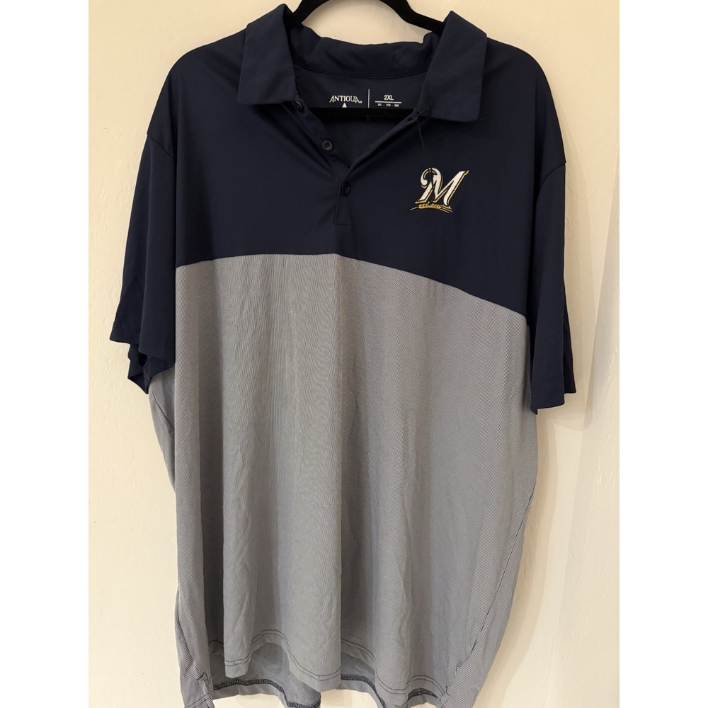 Men's Milwaukee Brewers Antigua Blue Striped Polo Shirt -Size 2XL- NWT